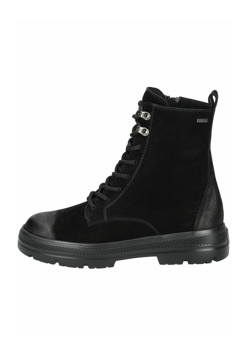 Botas negras hasta el tobillo con una combinación de ante liso y texturizado, cordones en la parte delantera y una suela de goma resistente con un diseño de patrón.