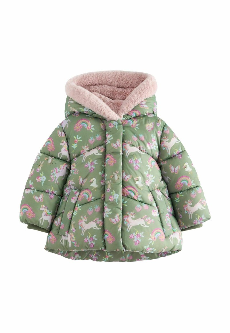 Doudoune verte avec capuche doublée en peluche rose, décorée de licornes, arcs-en-ciel, fleurs, papillons et fraises.