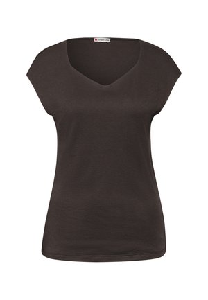 Haut sans manches marron foncé à encolure en V, au design simple et avec une petite étiquette au niveau du col portant l'inscription "Street One".