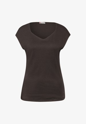 Haut sans manches marron foncé à encolure en V, au design simple et avec une petite étiquette au niveau du col portant l'inscription "Street One".