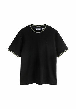 Tricou negru cu mâneci scurte, guler și margini de mâneci cu dungi galbene și albe, mărimea medie, de la brandul NEXT.