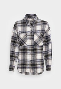 Randig skjorta med blå, svart och vit färg; knäppt framtill, spetsig krage och två bröstfickor. Materialet verkar mjukt och texturerat.