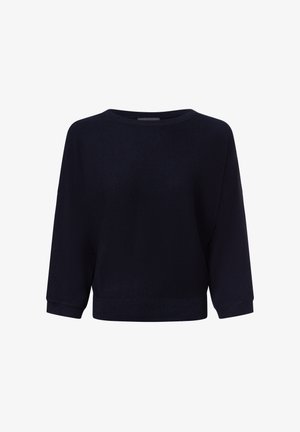Dunkelblauer Strickpullover mit weitem Ausschnitt und drei Viertelärmeln. Strukturierter Stoff und verkürzte Silhouette. Keine sichtbaren Muster oder Hardware.