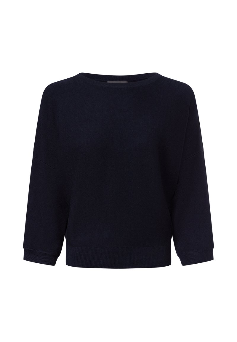 Dunkelblauer Strickpullover mit weitem Ausschnitt und drei Viertelärmeln. Strukturierter Stoff und verkürzte Silhouette. Keine sichtbaren Muster oder Hardware.