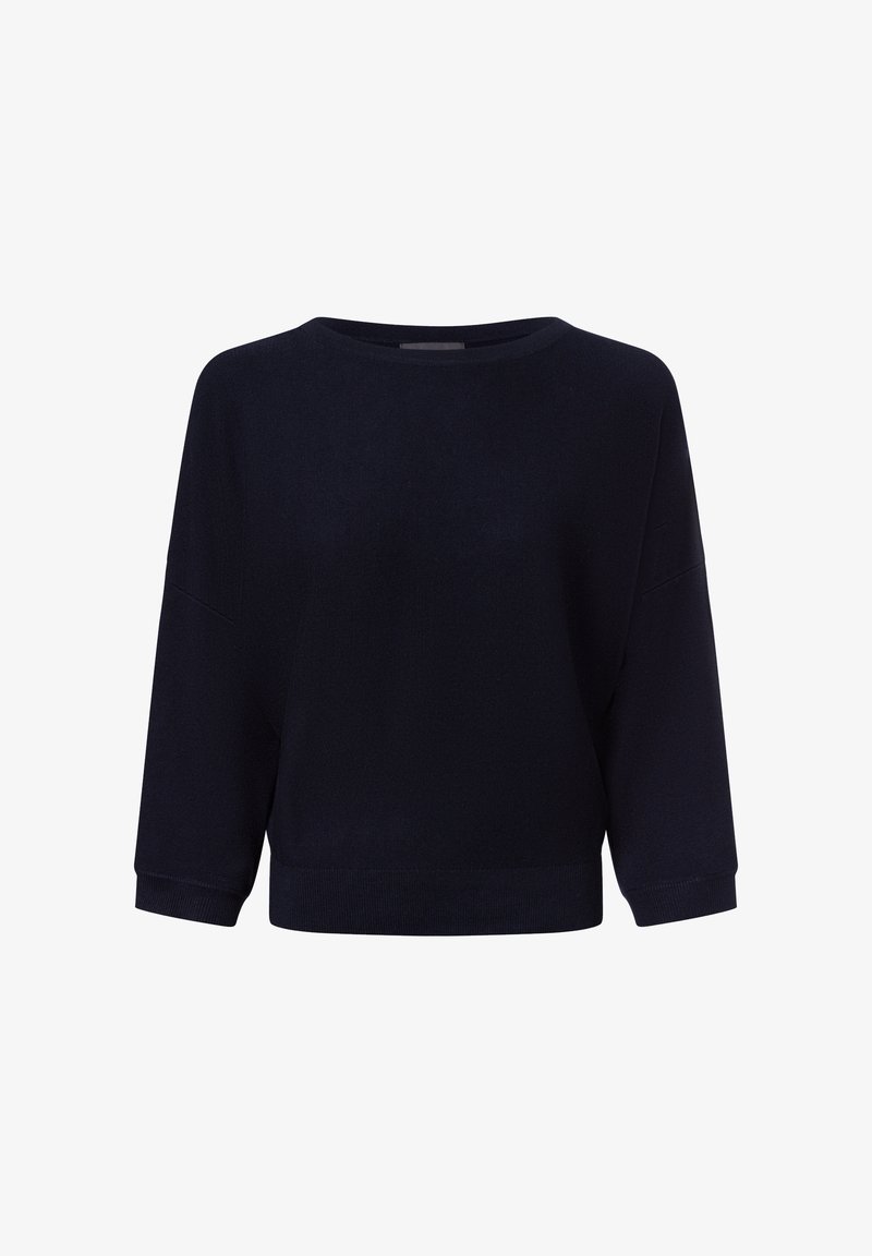 Dunkelblauer Strickpullover mit weitem Ausschnitt und drei Viertelärmeln. Strukturierter Stoff und verkürzte Silhouette. Keine sichtbaren Muster oder Hardware.