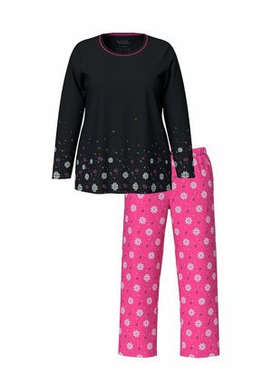 Haut noir à manches longues avec un design dégradé présentant des flocons de neige blancs et roses, associé à un pantalon rose orné de motifs floraux blancs.