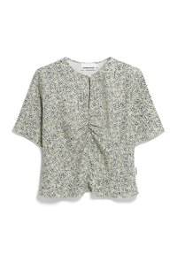 Kurzarmoberteil in Hellgrün mit einem verstreuten marineblauen Muster, das ein gerafftes Vorderteil und einen runden Halsausschnitt aufweist. Weiche Stofftextur.