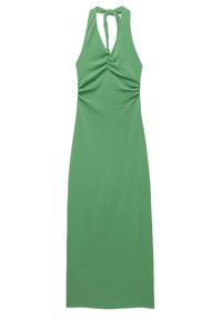 Grünes Neckholderkleid mit gerafftem Frontdetail, figurbetonte Silhouette, mittlere Länge, aus strukturiertem Strickstoff gefertigt.