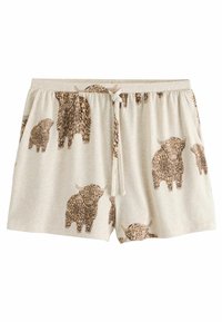 Lichtbeige shorts van zachte stof, met een patroon van bruine, harige koeien. Elastische tailleband met trekkoord voor een verstelbare pasvorm.