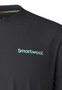 Černé tričko s kulatým výstřihem se světle modrým logem "Smartwool" potisknutým na hrudi a pruhovaným detailem uvnitř výstřihu.