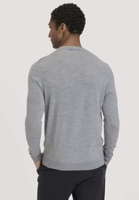 Grauer Pullover mit langen Ärmeln, gerippten Manschetten und Saum, aus einem weichen Strickmaterial gefertigt. Die Rückansicht zeigt eine glatte Stofftextur.