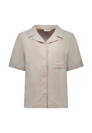 Beige overhemd met korte mouwen van een gestructureerde stof, knoopsluiting aan de voorkant en een enkele borstzak. Platte kraag en een ontspannen pasvorm.