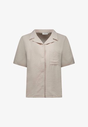 Beige overhemd met korte mouwen van een gestructureerde stof, knoopsluiting aan de voorkant en een enkele borstzak. Platte kraag en een ontspannen pasvorm.