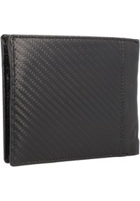 Portefeuille bifold noir en matériau texturé avec un accent en cuir souple. Présente un design rectangulaire simple avec des coutures visibles.