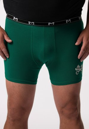 Grüne Baumwoll-Boxershorts mit einem schwarzen Bund, der ein Logo zeigt. Sie sind eng anliegend und verfügen über eine dekorative Stickerei von Scheren.
