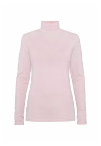 Różowa bluzka z długim rękawem i golfem, wykonana z lekkiej, gładkiej tkaniny, o dopasowanym kroju, z wysokim kołnierzem i bez widocznych wzorów.