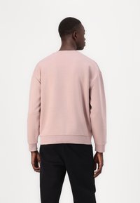 Felpa rosa chiaro con orlo e polsini a coste, caratterizzata da una vestibilità comoda e un design con collo rotondo. Senza motivi o accessori visibili.