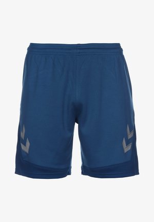 Shorts de sport bleus en tissu texturé et léger. Présentent des accents gris et deux motifs de logo diagonaux sur les côtés inférieurs.