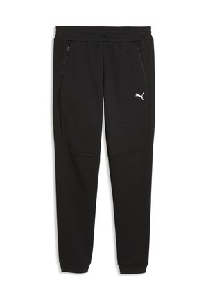 Schwarze Puma-Sweathosen mit elastischem Bund, seitlichen Reißverschlusstaschen und weißem Puma-Logo nahe der linken Tasche.