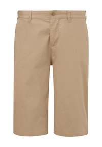 Shorts beige pour homme longueur genou avec fermeture à boutons, passants de ceinture et une finition propre et lisse du tissu.