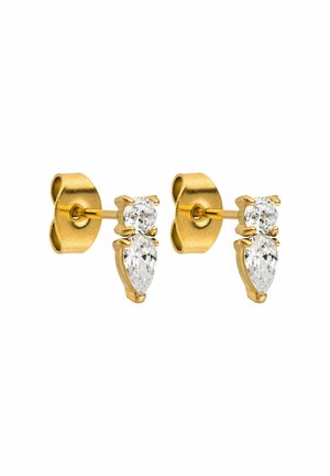 Ohrringe mit goldfarbener Fassung, die zwei tropfenförmige, klare Kristalle in einem eleganten Metallgehäuse präsentieren. Glatte Oberfläche mit polierter Verarbeitung.
