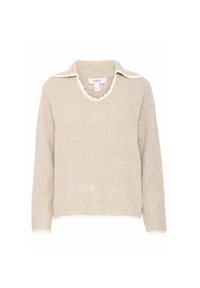 Pull beige avec un col et un ourlet festonnés, fabriqué en tissu doux. Comprend des manches longues et une coupe décontractée, adapté pour un usage quotidien.