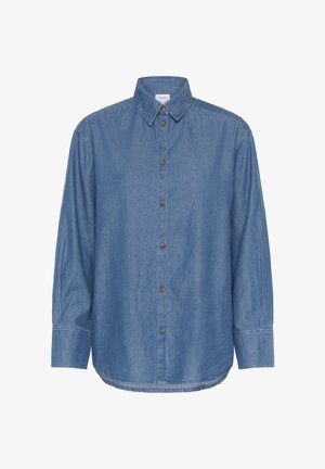 Blue long-sleeve denim shirt with button-up front, pointed collar, and rounded hem, displayed on a white background.