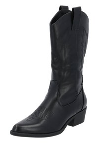 Bota de vaquero de cuero negro con punta afilada, detalles bordados y dos pestañas de agarre. Tacón ligeramente elevado, textura suave.