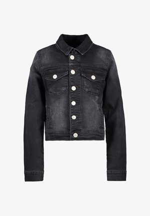 Czarna kurtka dżinsowa z długimi rękawami, białymi guzikami, dwoma kieszeniami na piersiach z patkami oraz klasycznym kołnierzem.