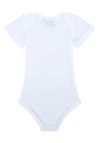 White cotton bodysuit with short sleeves, round neckline, and snap closure at the bottom. Smooth texture and simple design.