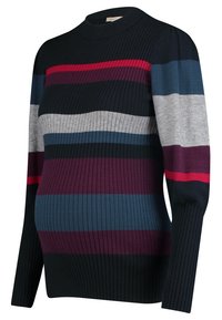 Suéter de maternidad a rayas con textura acanalada, cuello alto y mangas largas. Los colores incluyen azul marino, gris, burdeos y rojo.