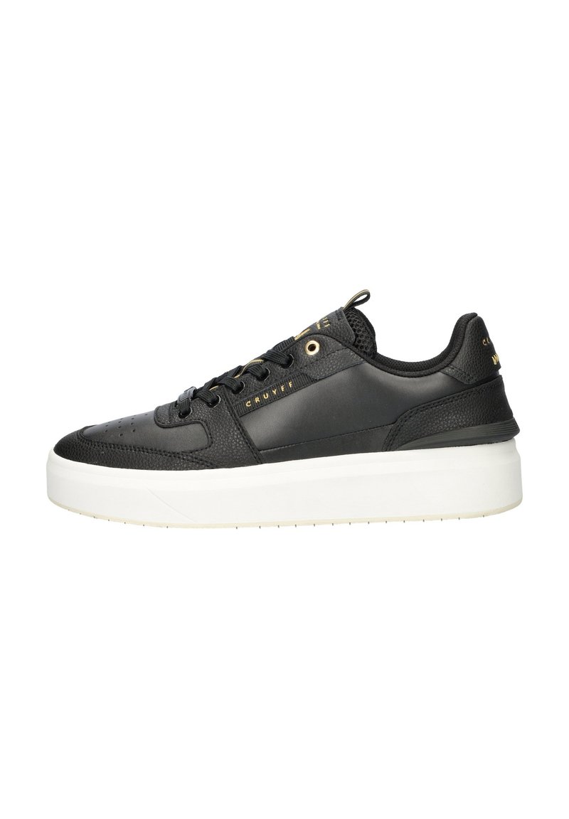 Black sneaker with textured leather, mesh accents, and a white rubber sole. Features gold branding and lace-up design.