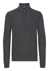 Tamno sivi pleteni pulover sa polu-zip ovratnikom, rebrastim manžetama i pojasom; teksturasti uzorak kroz cijelu tkaninu.