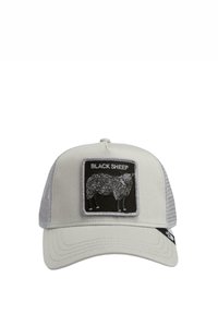 Graue Baseballkappe mit einem Netzrücken, die ein schwarzes Patch mit einer Schafgrafik und dem Text "BLACK SHEEP" zeigt. Verstellbarer Riemen auf der Rückseite.