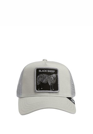 Gray baseball cap with a mesh back, featuring a black patch with a sheep graphic and the text "BLACK SHEEP." Adjustable strap at the back.