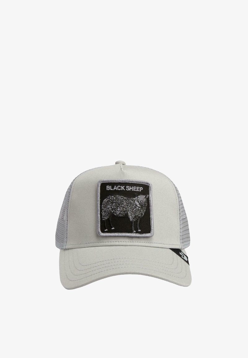 Gray baseball cap with a mesh back, featuring a black patch with a sheep graphic and the text "BLACK SHEEP." Adjustable strap at the back.