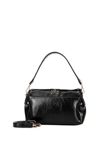 Borsa a mano in pelle nera con una superficie liscia, forma strutturata, manico corto e tracolla rimovibile. Presenta hardware e borchie in tono oro.