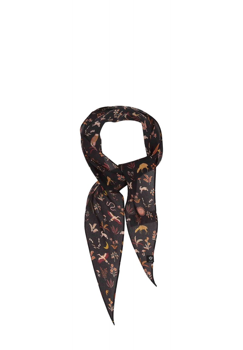 Foulard in seta con sfondo nero e motivi animali e floreali colorati, estremità triangolari e una texture liscia.