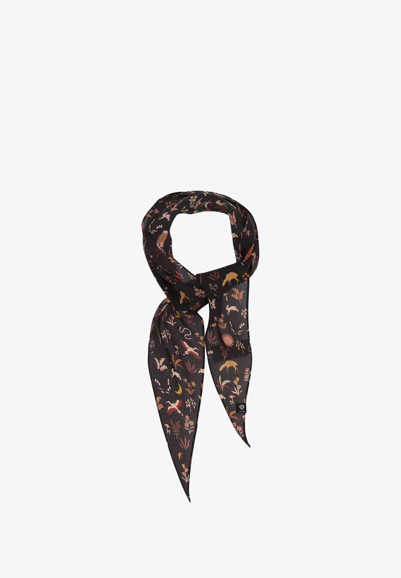 Foulard en soie avec un fond noir orné de motifs animaliers et floraux colorés, aux extrémités triangulaires et à la texture lisse.