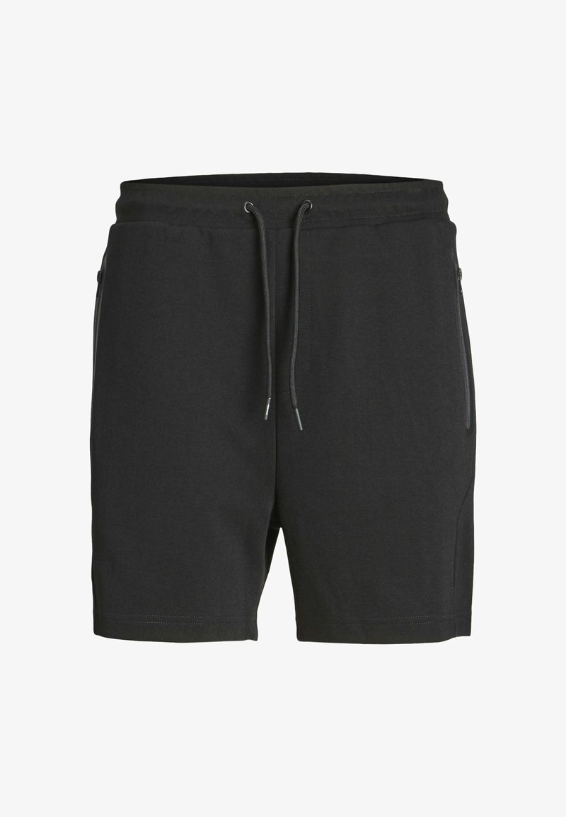 Sorte atletiske shorts lavet af blødt materiale, med en elastisk talje og snøre, samt to lynlåslommer på siden.