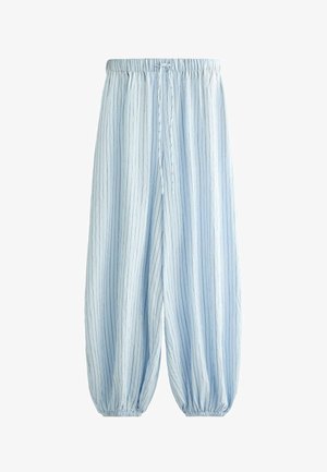 Svetlo modre ohlapne hlače s tankimi navpičnimi mornarsko modrimi črtami, elastičnim pasom z vezalko in elastičnimi manšetami pri gležnjih.