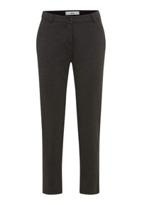 Schmale, dunkelgraue Hose aus weichem Stoff mit flachem Frontschnitt, leichtem Stretch und Vorder- sowie Gesäßtaschen. Messingknopf-Detail am Bund.