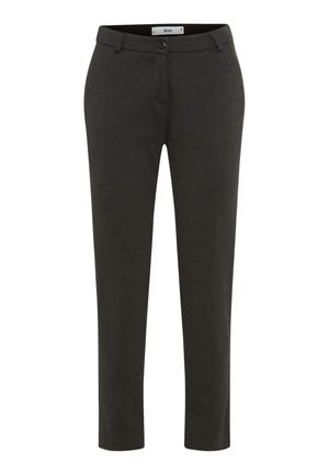 Slim-fit dark gray trousers made of soft fabric with a flat front, slight stretch, and front and back pockets. Brass button detail at waist.