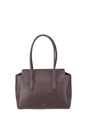 Sac cabas en cuir marron foncé avec deux longues anses, texture grainée et petit logo de la marque centré près du bord inférieur.