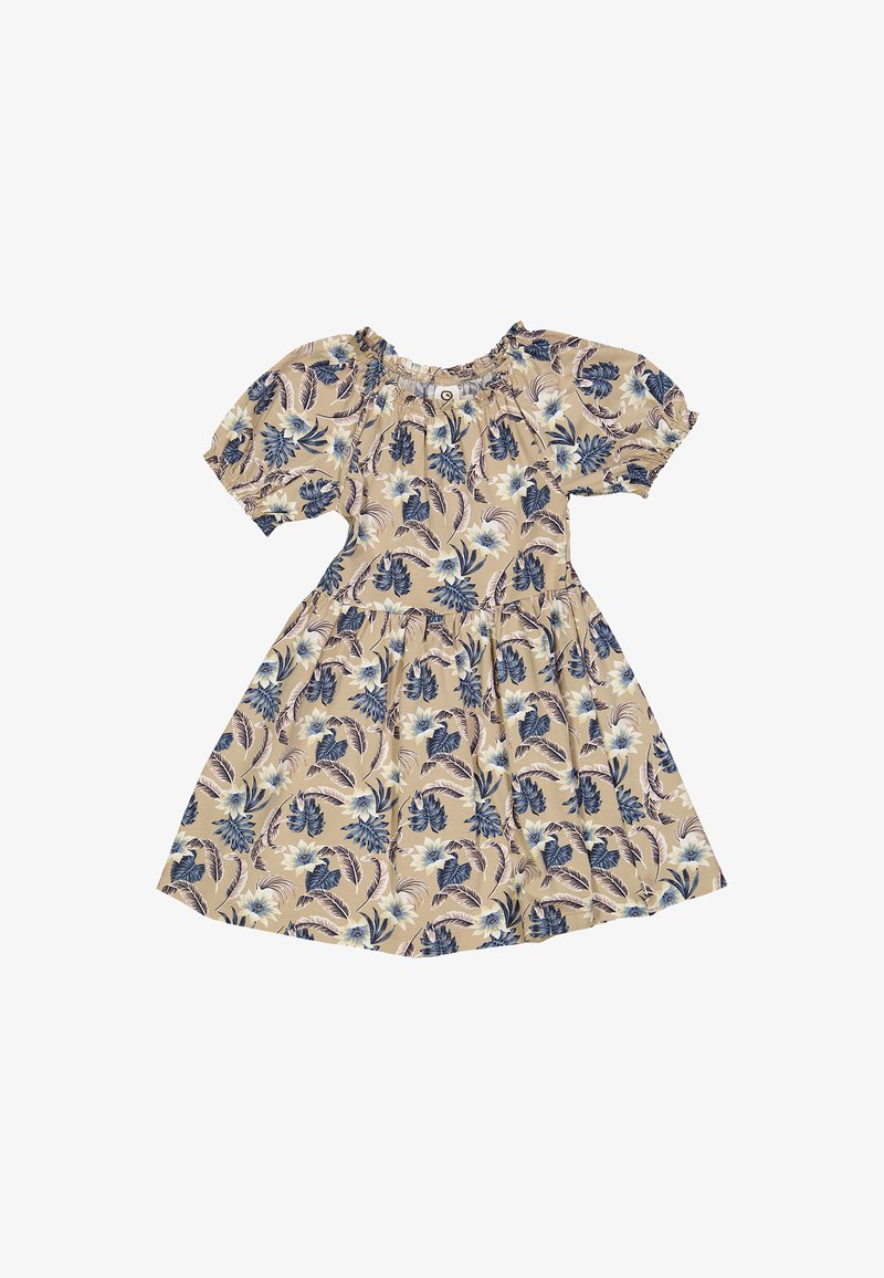 Korte mouw jurk in beige met een bloemenpatroon in marineblauw en wit. Heeft een geraffineerde halslijn en een uitlopende rok. Lichtgewicht stof.