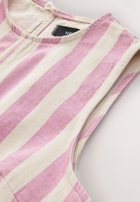 Sleeveless dress with vertical pink and off-white stripes, round neckline, and visible back zipper closure with button.