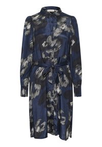 Blauw en grijs bloemdessin shirtjurk, lange mouwen, knoopsluiting aan de voorkant, ceintuursluiting in de taille en geplooide manchetten. Gemaakt van lichte stof.