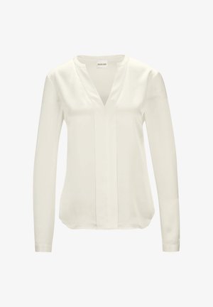 Lange mouwen blouse van zachte witte stof, met een V-hals, voorplooien en een licht gebogen onderkant voor een ontspannen pasvorm.