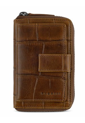 Braune Leder-Geldbörse mit strukturiertem Krokodilmuster, Reißverschluss und rechteckiger Form. Verfügt über ein vorderes Band und ein eingeprägtes Markenlogo.