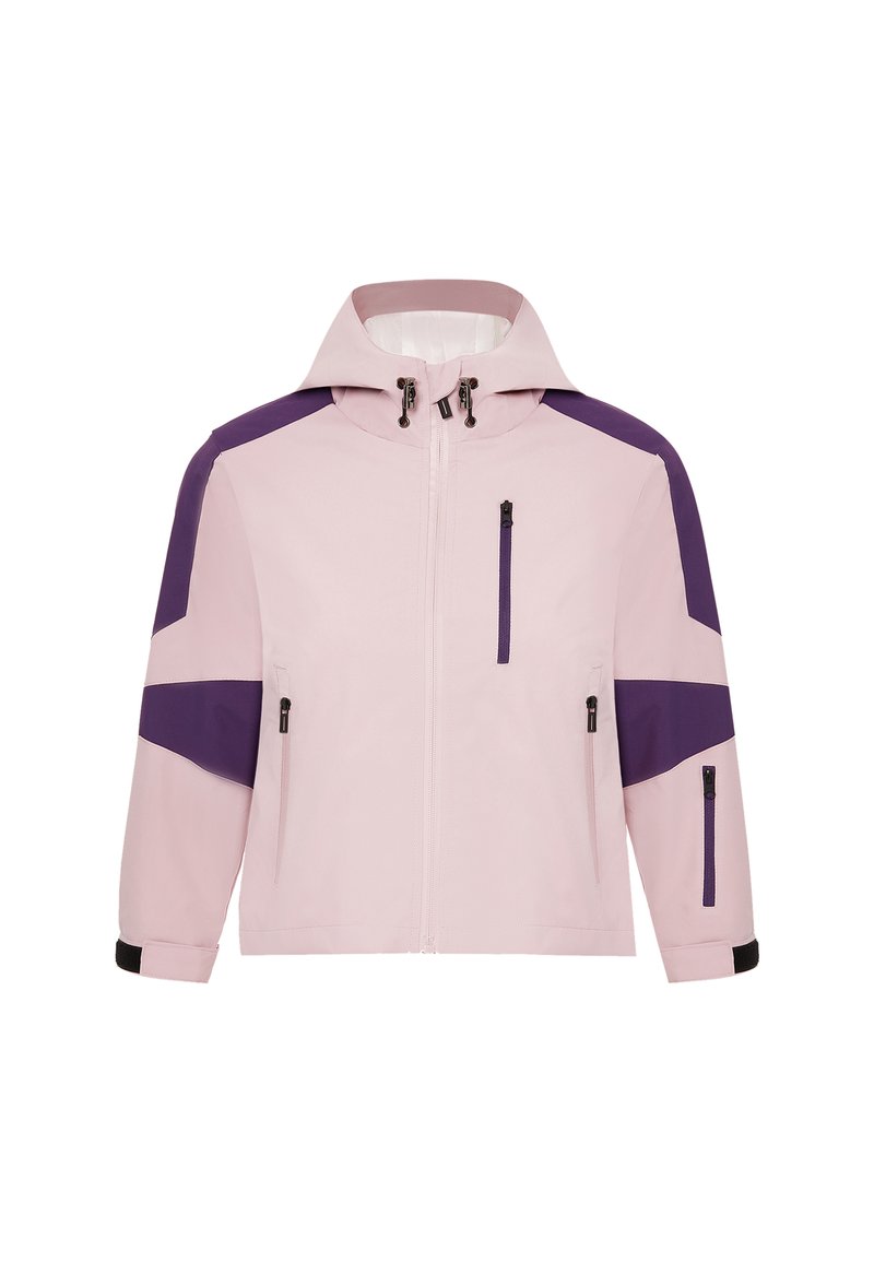 Ljusrosa jacka med lila detaljer, huva och dragkedjefickor. Har en snygg design och en slät, eventuellt vattenavvisande yta.